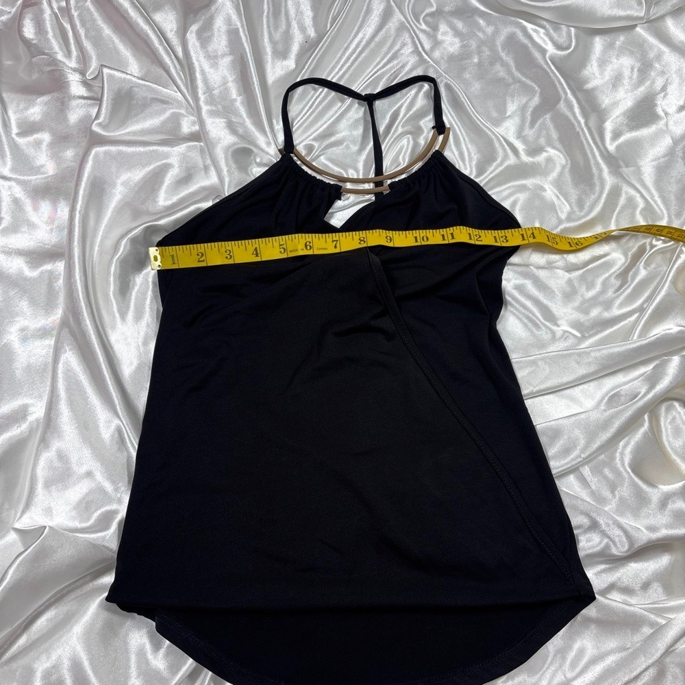 y2k Halter Top Black Body Central Gold Ring Neck Wrap Front YUF791AM A1 - Picture 4 of 5